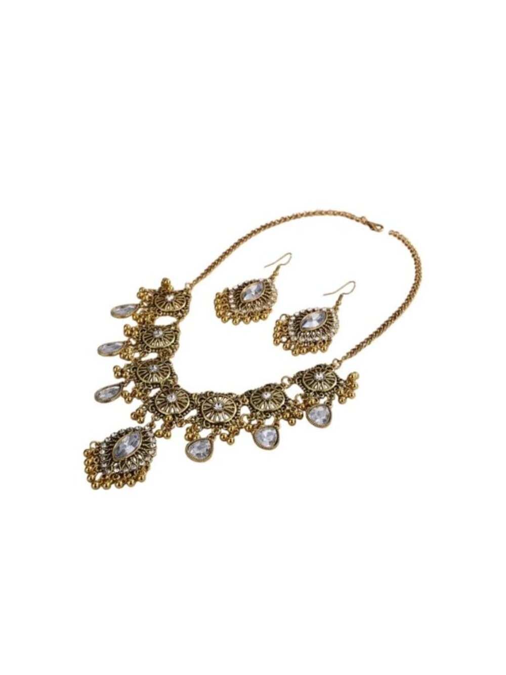 Vintage Indian Rhinestone Dangle Necklace Earrings Set Indian Ethnic Rhinestone
